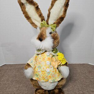 15" Brown And White Dressed Standing Girl Bunny With Yellow Print Jacket With Fl
